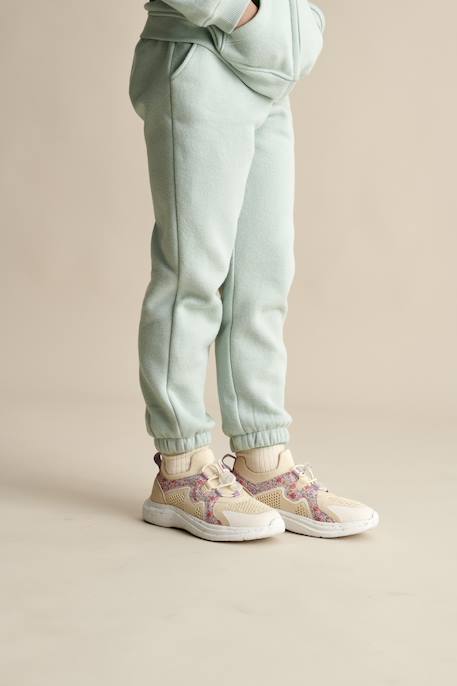 Molton joggingbroek voor meisjes met paperbag ceintuur blauwgroen+gemêleerd beige+marineblauw - vertbaudet enfant 