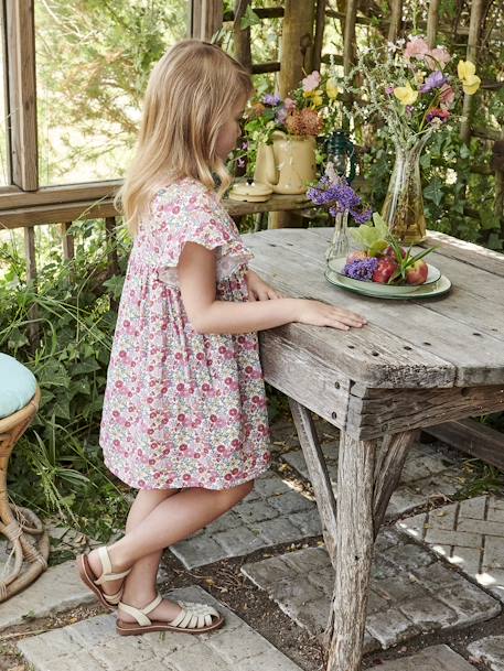 Meisjesjurk met bloemen met ruches op de mouwen rozen - vertbaudet enfant 