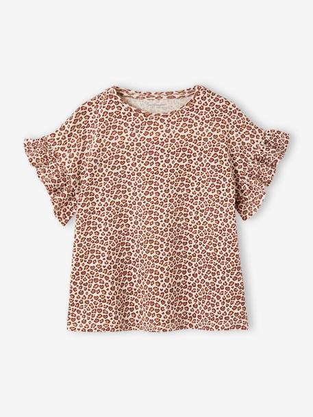 Geribd meisjes-T-shirt met bloemenprint beige+wit, bedrukt - vertbaudet enfant 