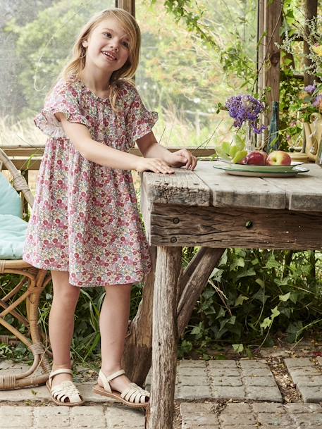 Meisjesjurk met bloemen met ruches op de mouwen rozen - vertbaudet enfant 