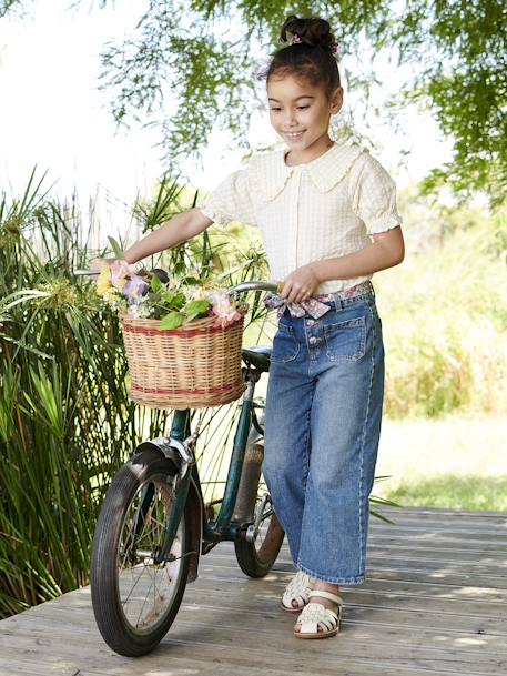 Wijde meisjesjeans met gebloemde riem stone - vertbaudet enfant 