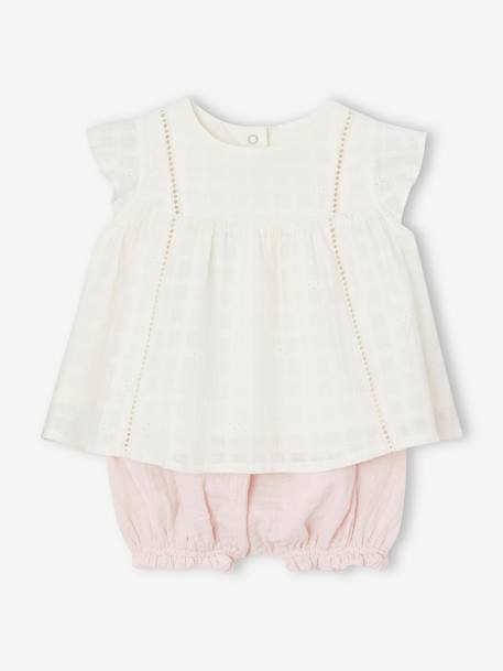 Set geborduurde jurk en bloomer van katoengaas newborn rozen - vertbaudet enfant 