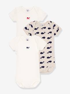 Baby-Body-Set van 3 rompertjes met korte mouwen en walvisprint PETIT BATEAU