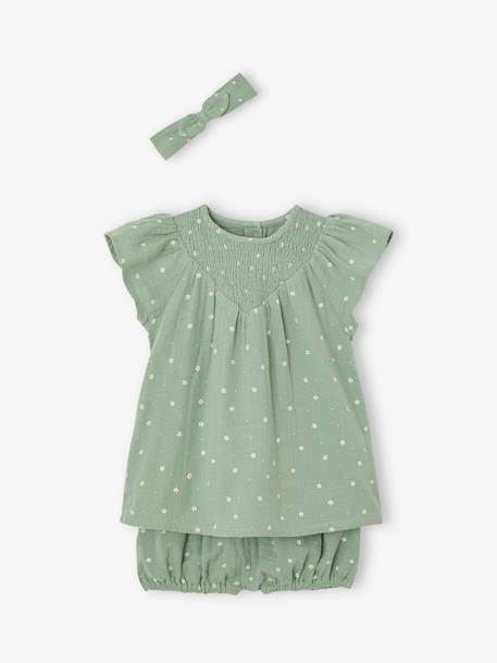 Babyset van katoengaas: jurk + bloomer + haarband saliegroen - vertbaudet enfant 