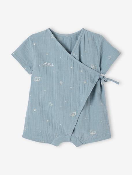 Pyjashort voor baby's personaliseerbaar van katoengaas ecru+grijsblauw - vertbaudet enfant 