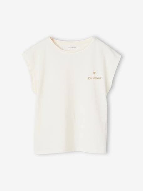 Effen Basics meisjesshirt met korte mouwen ecru+koraal - vertbaudet enfant 