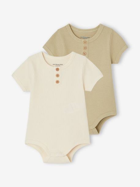 Set van 2 babyrompertjes van tricot met honingraatmotief van biologisch katoen olijf - vertbaudet enfant 