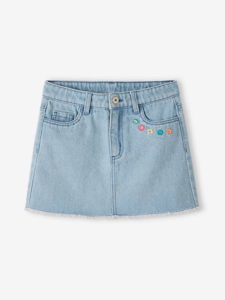 Meisjesrok van jeans met geborduurde bloemen gebleekt denim - vertbaudet enfant 