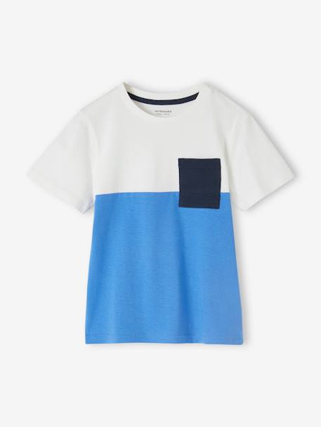 Colorblock jongensshirt met korte mouwen azuurblauw+kaki+leisteen+oranje - vertbaudet enfant 