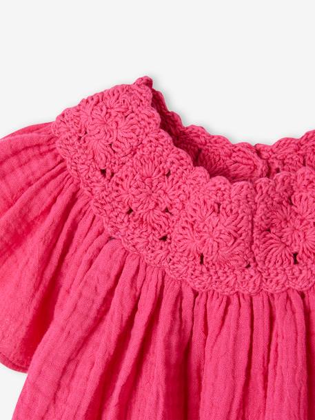 Babyblouse van katoengaas met gehaakte halslijn fuchsia - vertbaudet enfant 