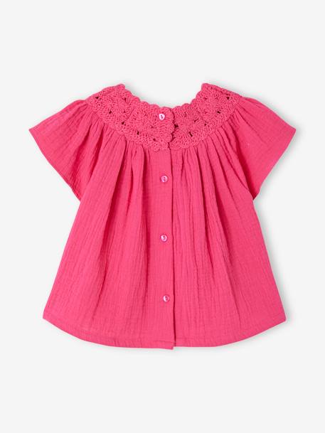 Babyblouse van katoengaas met gehaakte halslijn fuchsia - vertbaudet enfant 