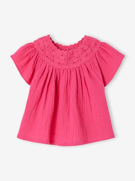 Babyblouse van katoengaas met gehaakte halslijn fuchsia - vertbaudet enfant 