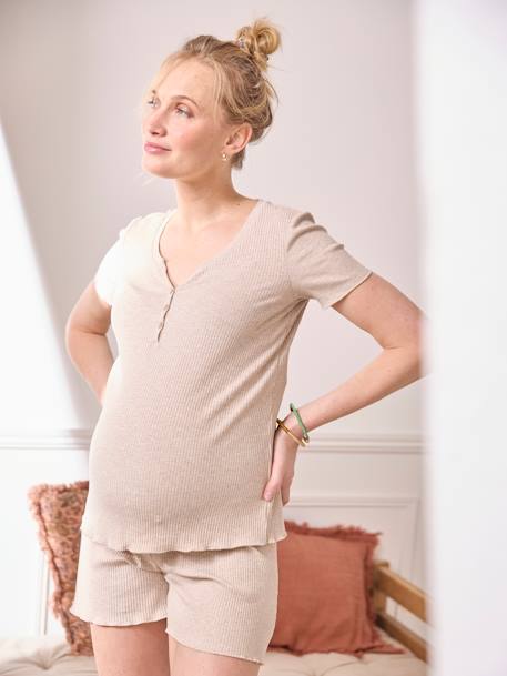 2-delige pyjamashort zwangerschap en borstvoeding van geribd tricot gemêleerd beige - vertbaudet enfant 