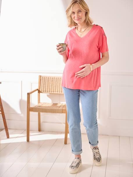 Zwangerschapsshirt met V-hals van linnen en viscose ecru+rozen - vertbaudet enfant 