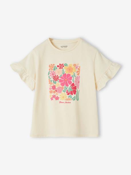 Fantasieshirt met gehaakte bloemen en ruches op de mouwen voor meisjes ecru - vertbaudet enfant 