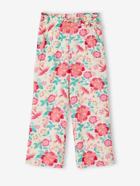 Wijde meisjesbroek met bloemenprint ecru+meerkleurig - vertbaudet enfant 