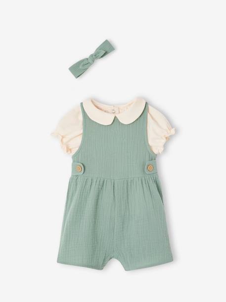 3-delige babyset T-shirt, jumpsuit en hoofdband personaliseerbaar oudroze+saliegroen - vertbaudet enfant 