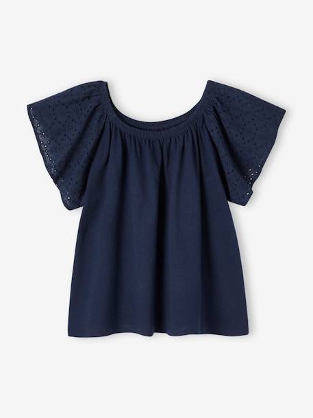 Meisjesshirt met lange mouwen en Engels borduurwerk ecru+marineblauw - vertbaudet enfant 