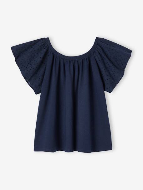 Meisjesshirt met lange mouwen en Engels borduurwerk ecru+marineblauw - vertbaudet enfant 