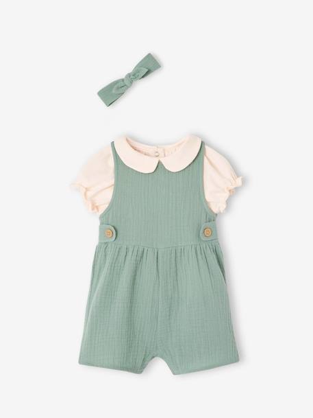 3-delige babyset T-shirt, jumpsuit en hoofdband personaliseerbaar oudroze+saliegroen - vertbaudet enfant 