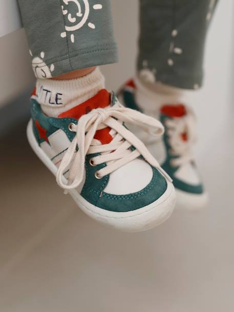 Leren babysneakers met veters en rits ecru - vertbaudet enfant 