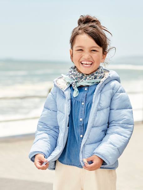 Lichtgewicht donsjas met capuchon voor meisjes hemelsblauw+korstmos+marineblauw+mosterdgeel - vertbaudet enfant 