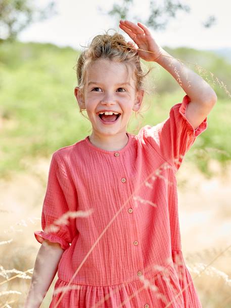 Jurk met knopen van katoengaas ecru+grijsblauw+rood - vertbaudet enfant 