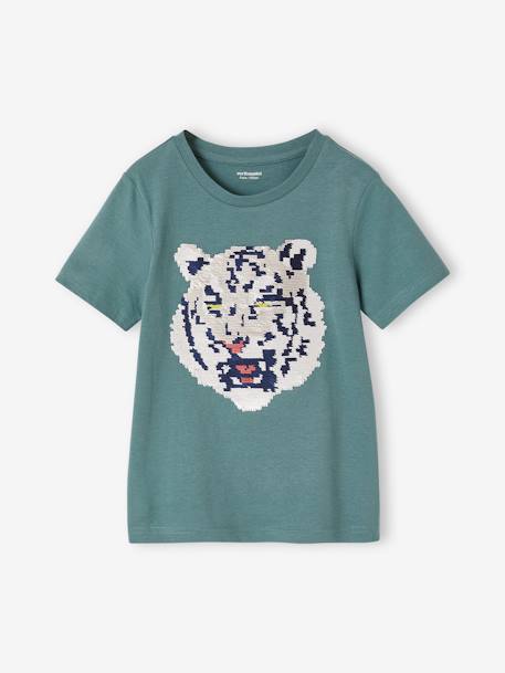 Jongensshirt met motief in omkeerbare pailletten Basics blauwgroen+wit - vertbaudet enfant 