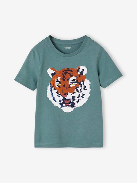 Jongensshirt met motief in omkeerbare pailletten Basics blauwgroen+wit - vertbaudet enfant 