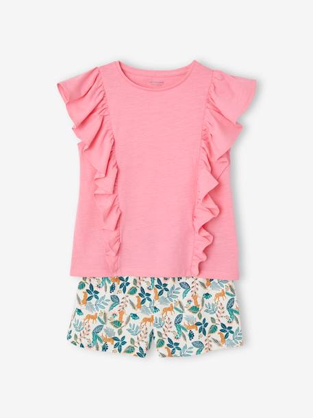 Set shirt en short voor meisjes blauwgroen+lichtroze+rozen - vertbaudet enfant 