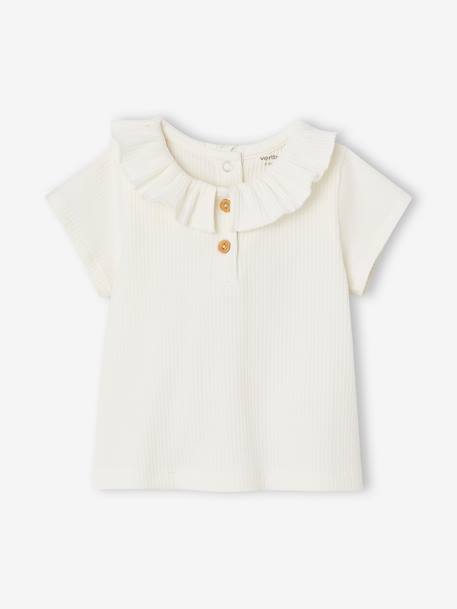 Babyshirt van ribstof met kraagje ecru+rozen - vertbaudet enfant 