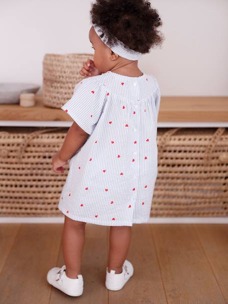 Set van seersucker jurk + short + band baby blauw, gestreept - vertbaudet enfant 