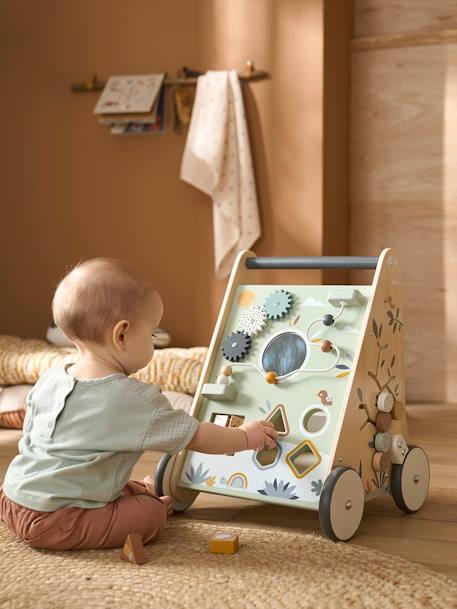 Loopwagen met houten remmen hout+rozen+wit - vertbaudet enfant 