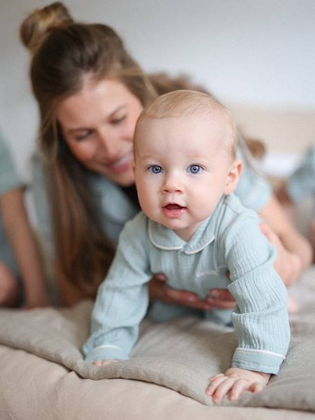 Pyjama van katoengaas baby Team Famille personaliseerbaar saliegroen - vertbaudet enfant 