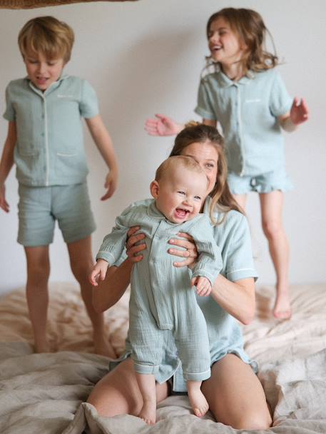 Pyjama van katoengaas baby Team Famille personaliseerbaar saliegroen - vertbaudet enfant 