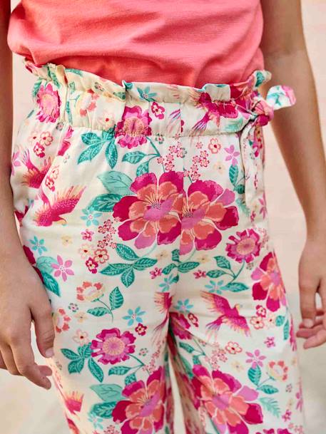 Wijde meisjesbroek met bloemenprint ecru+meerkleurig - vertbaudet enfant 