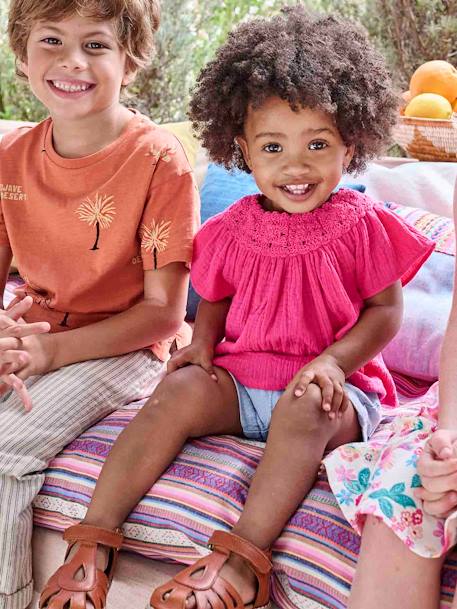 Babyblouse van katoengaas met gehaakte halslijn fuchsia - vertbaudet enfant 