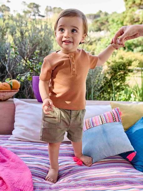 Tunesisch baby-T-shirt met smokwerk kaki+kameel - vertbaudet enfant 