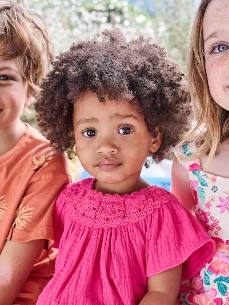 Babyblouse van katoengaas met gehaakte halslijn fuchsia - vertbaudet enfant 