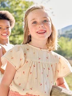 Meisje-Meisjesblouse met print en vlindermouwen van gaas van biologisch katoen