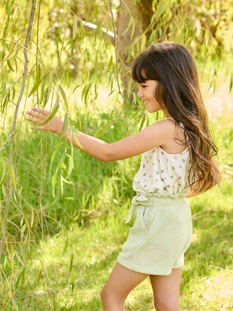 Meisjesshort in 'paperbag'-stijl, van katoengaas amandelgroen+koraal+lichtblauw+vanille - vertbaudet enfant 