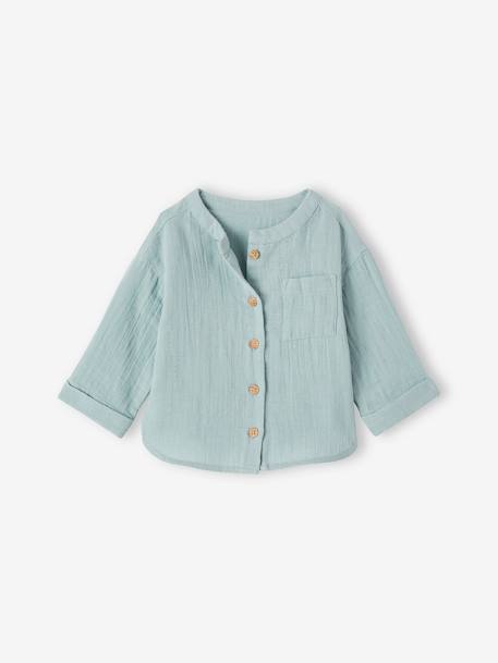 Personaliseerbare overhemd met maokraag voor jongens van katoengaas donkergroen+grijsblauw+karamel - vertbaudet enfant 