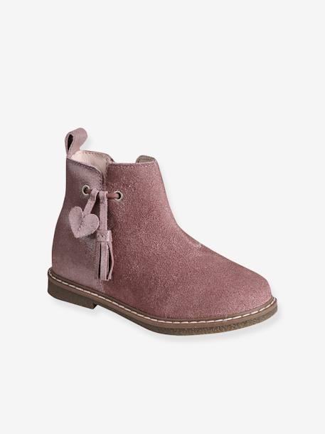 Leren boots met pompon kleutercollectie meisjes kameel+rozen - vertbaudet enfant 