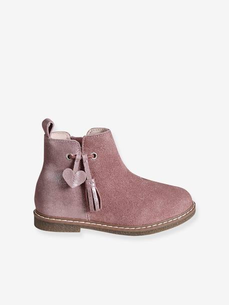 Leren boots met pompon kleutercollectie meisjes kameel+rozen - vertbaudet enfant 