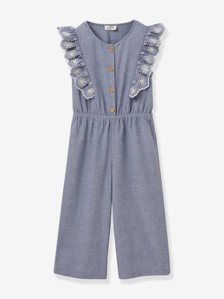 Jumpsuit voor meisjes met geborduurde ruches CYRILLUS blauw - vertbaudet enfant 