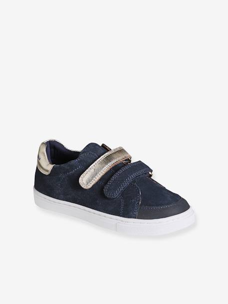 Leren meisjessneakers met klittenband bruin+marineblauw - vertbaudet enfant 