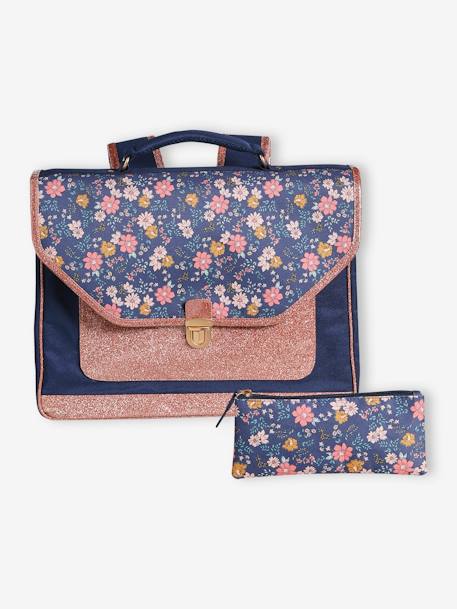 Schooltas + etui Flowers voor meisjes marineblauw - vertbaudet enfant 