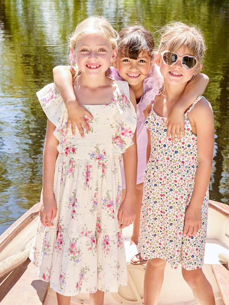 Set van 2 meisjesjurken met schouderbandjes, 1 bedrukt + 1 effen blauw/bedrukte set roze bloeme+fuchsia - vertbaudet enfant 