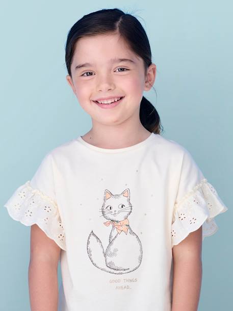 Romantisch t-shirt van biokatoen voor meisjes ecru+marineblauw - vertbaudet enfant 