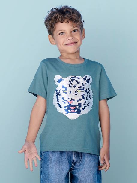 Jongensshirt met motief in omkeerbare pailletten Basics blauwgroen+wit - vertbaudet enfant 